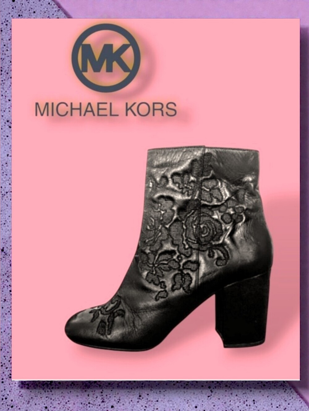 👢 Michael Kors VTG Leather Embossed Floral Side Zip Boots /Ankle Booties Black - Picture 1 of 10